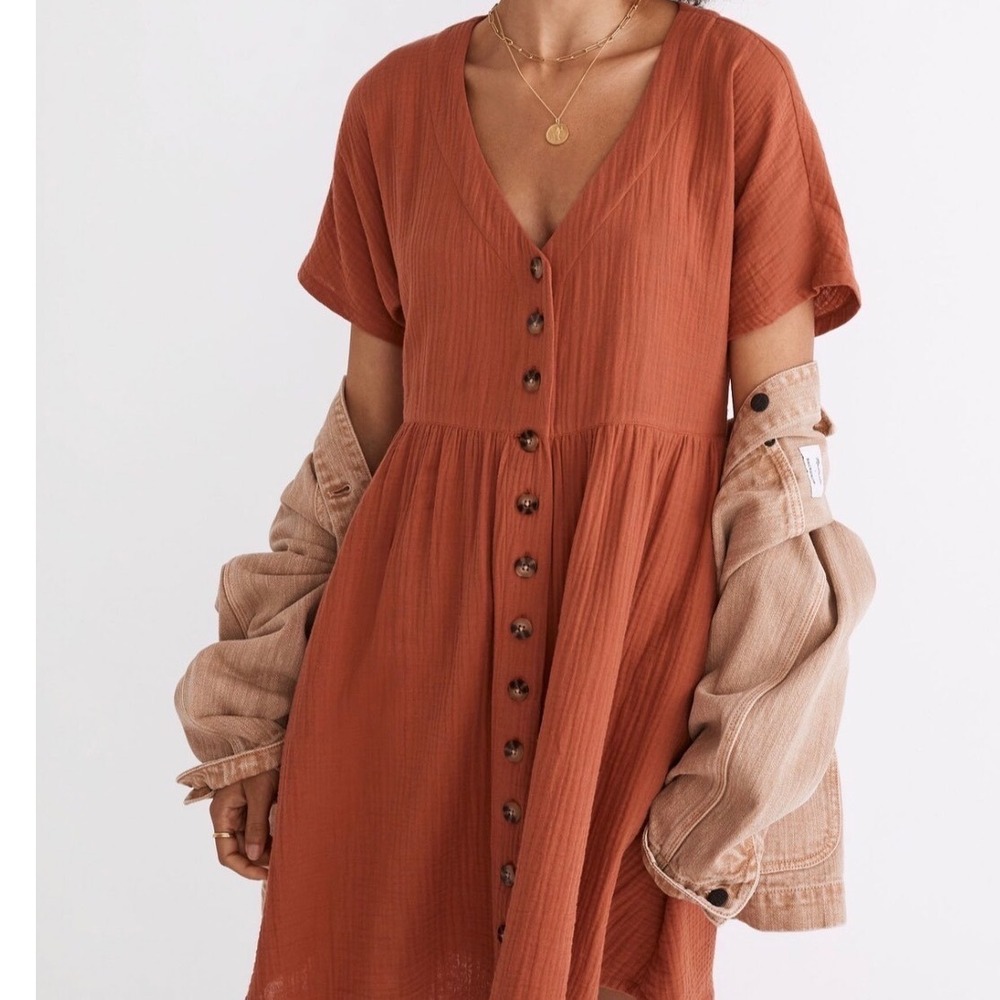 Madewell Aftergow Red Lightspun Cotton Gauze Tiered Button Front Mini Dress S
